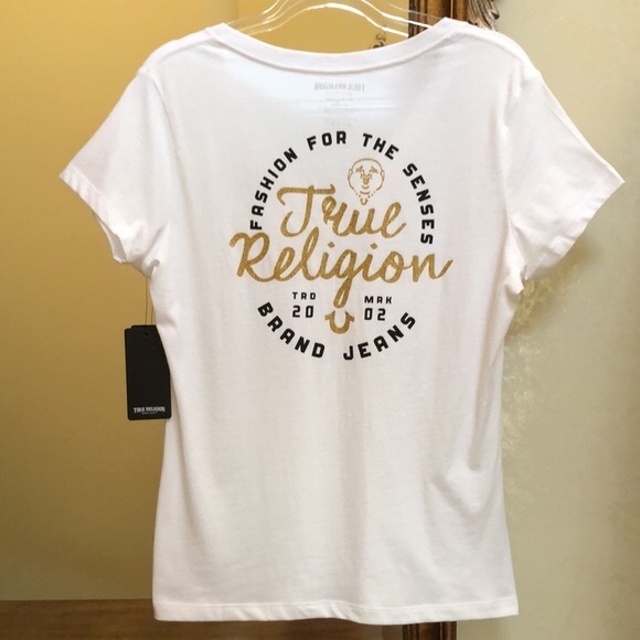 New True Religion Womens short sleeve t shirt. L. Black and shimmer gold writing - Picture 6 of 15